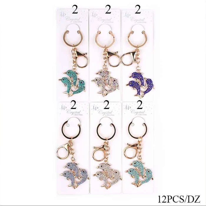 Sparkling Rhinestone Triple Dolphin Keychain – Gold Crystal Marine Animal Bag Charm, Ocean Theme Backpack Pendant & Cute Purse Accessory (KBC-0744)