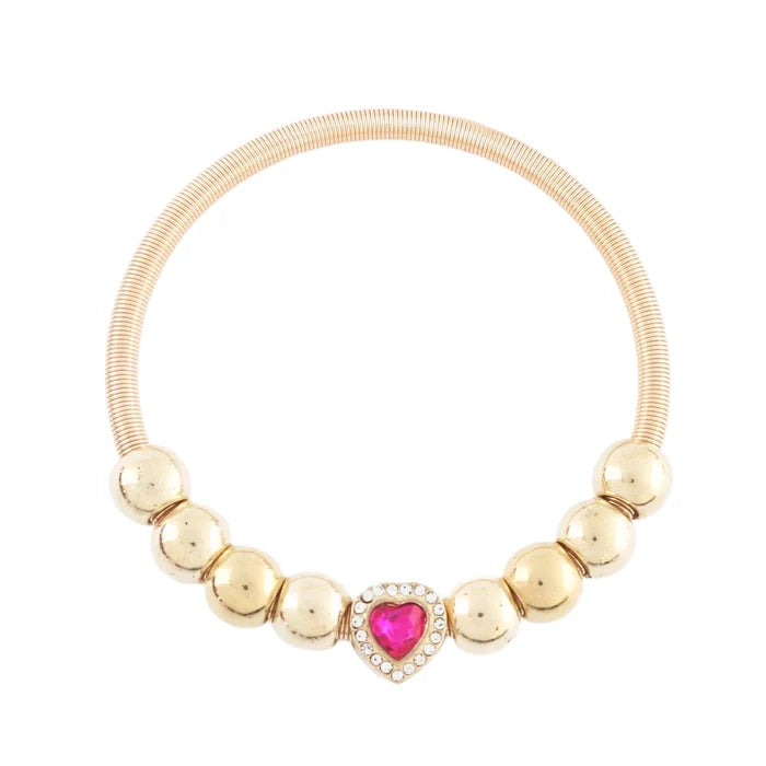 Sparkly Crystal Heart Charm Bracelet | Gold & Silver Tone Stretch Bangle | Perfect Valentine’s Gift