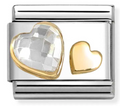 Stainless Steel & 18K Yellow Gold Faceted  White CZ Hearts Charm