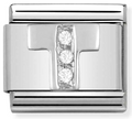 Stainless Steel & Sterling Silver Letter T Initial Charm with CZ