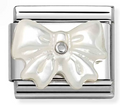 Stainless Steel & Sterling Silver Mother of Pearl Bow Charm with CZ