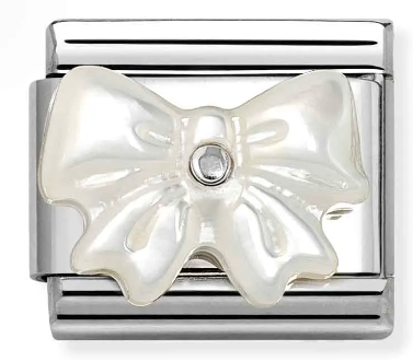 Stainless Steel & Sterling Silver Mother of Pearl Bow Charm with CZ