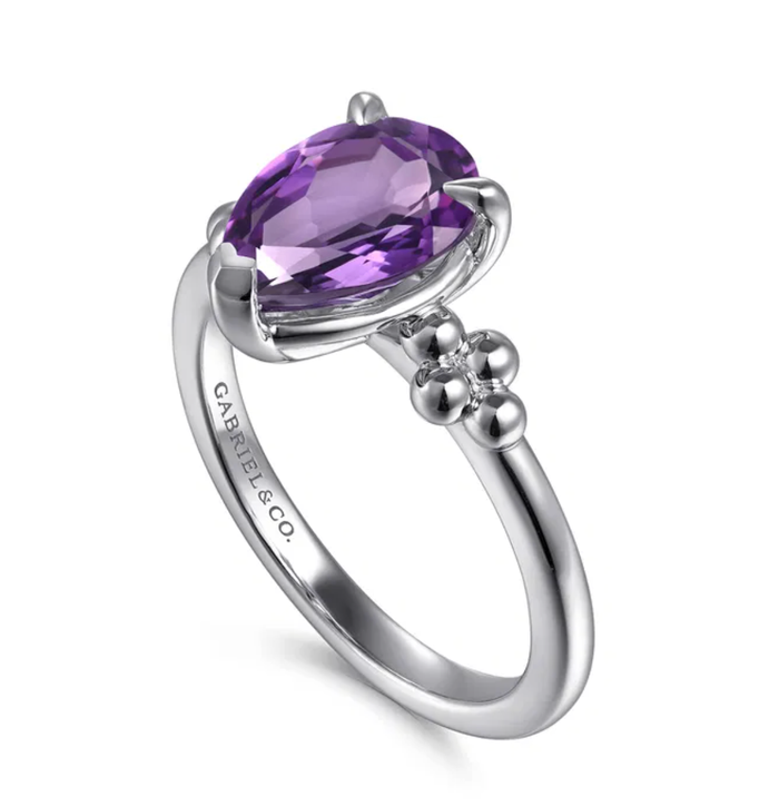 Sterling Silver Pear Amethyst Bujukan Ring by Gabriel NY