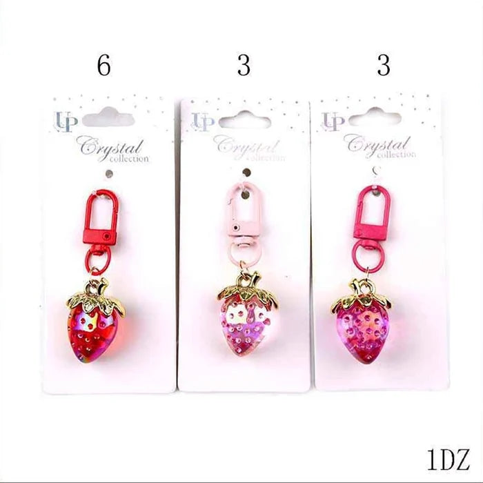 Strawberry Crystal Keychain Charm - 12-Piece Bulk Pack, Cute Acrylic Fruit Bag Pendant, Rhinestone Keyring Accessories for Backpacks, Purses, Party Favors (YNV-1709CAB)