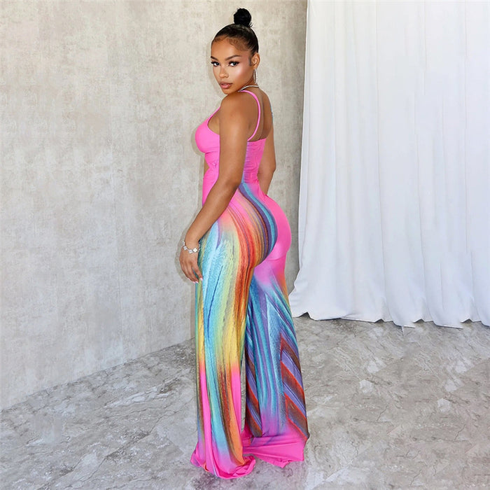 Summer New Sexy Tight Backless Contrast Color Low-cut Sling High Waist Jumpsuit