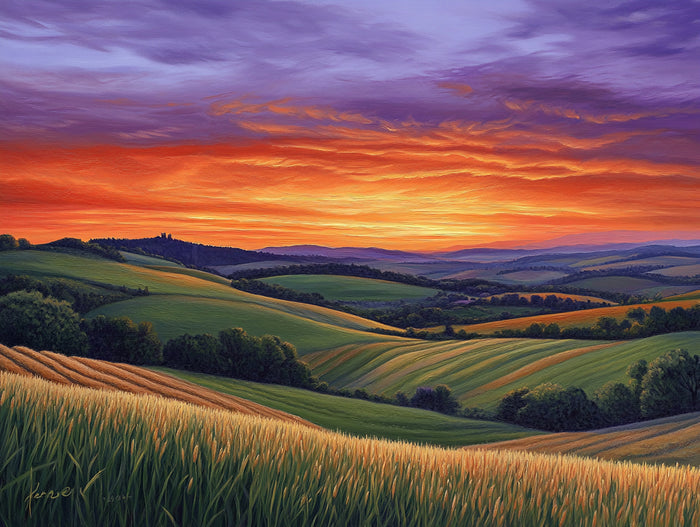 Sunset Over Changing Fields Rolling Hills