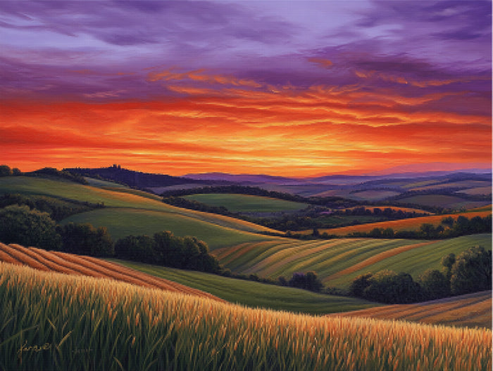Sunset Over Changing Fields Rolling Hills