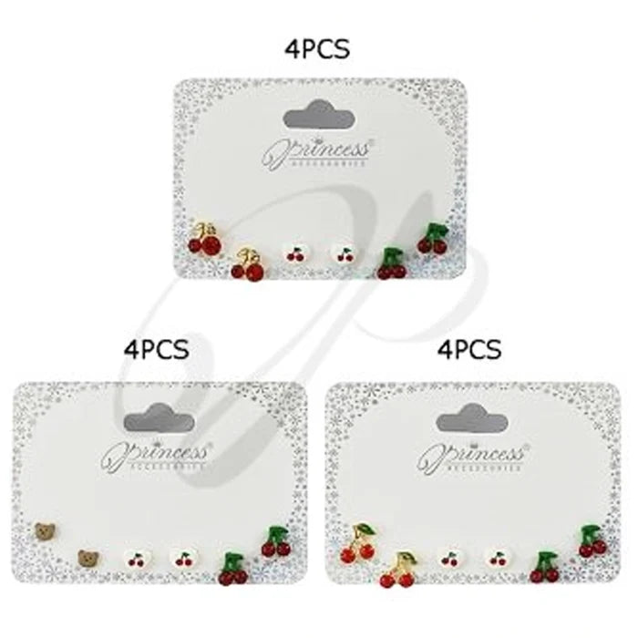 Sweet Cherry Stud Earring Set | 3 Pairs of Kawaii Fruit Jewelry | Red Rhinestone & Heart Studs for Kids and Teens