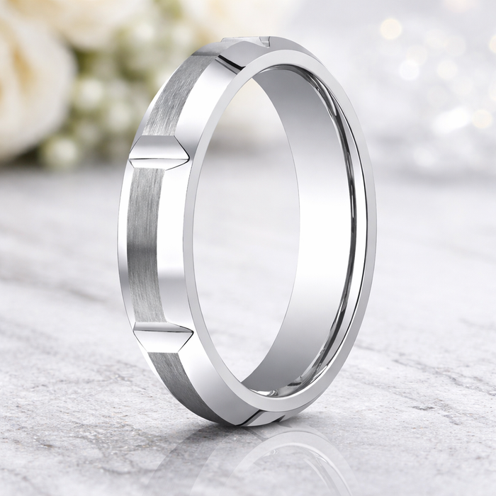 The Stride Satin Cobalt Chrome Men's Wedding Ring Vertical Notches 5mm