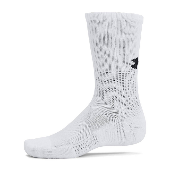 Under Armour Training Cotton 6-Pack Crew Socks in white with ribbed design and black logo detail, side view.