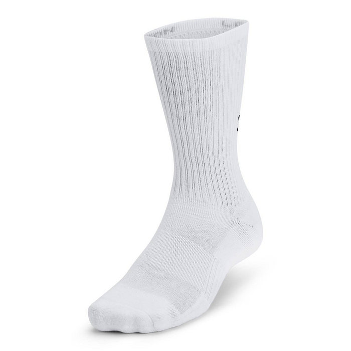Under Armour Training Cotton 6-Pack Crew Socks in white with ribbed design and reinforced toe and heel, angled front view.