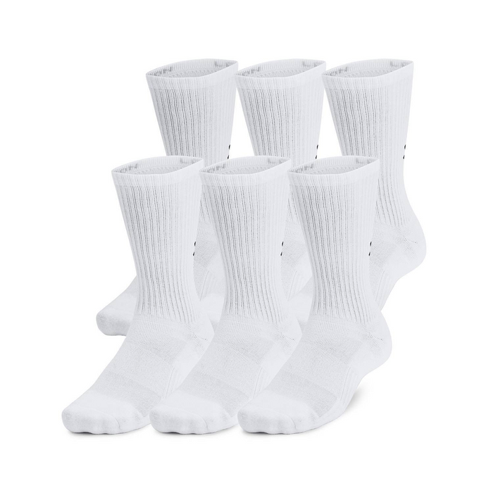 Under Armour Training Cotton 6-Pack Crew Socks in solid white with ribbed cuffs and cushioning, front view showing all pairs.