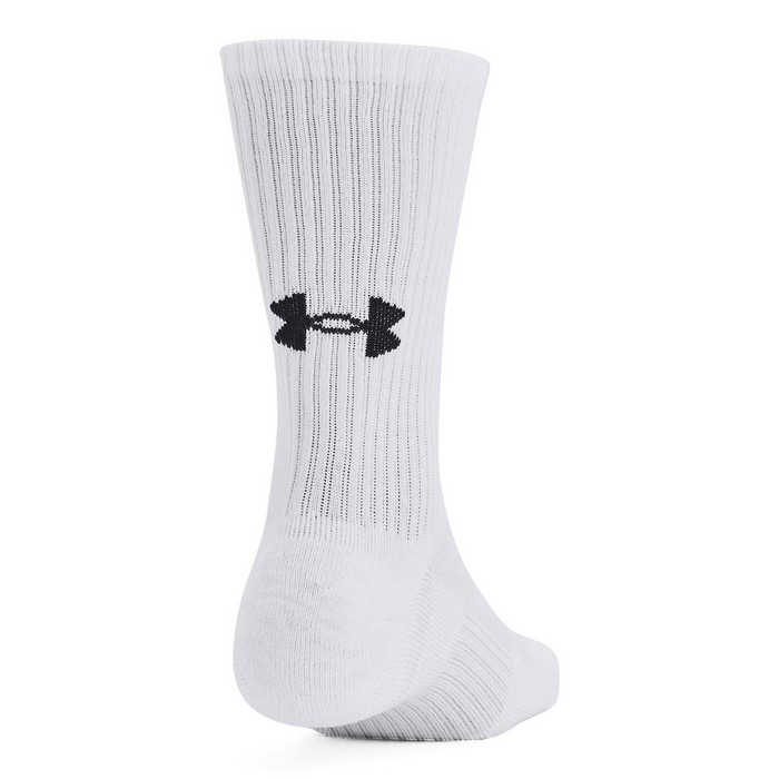 Under Armour Training Cotton 6-Pack Crew Socks in white with black logo, ribbed texture and reinforced heel, back view.