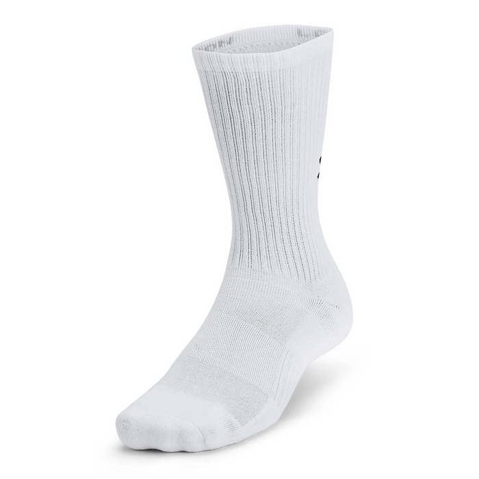 Under Armour Training Cotton 6-Pack Crew Socks in white with ribbed design and reinforced toe, front view.