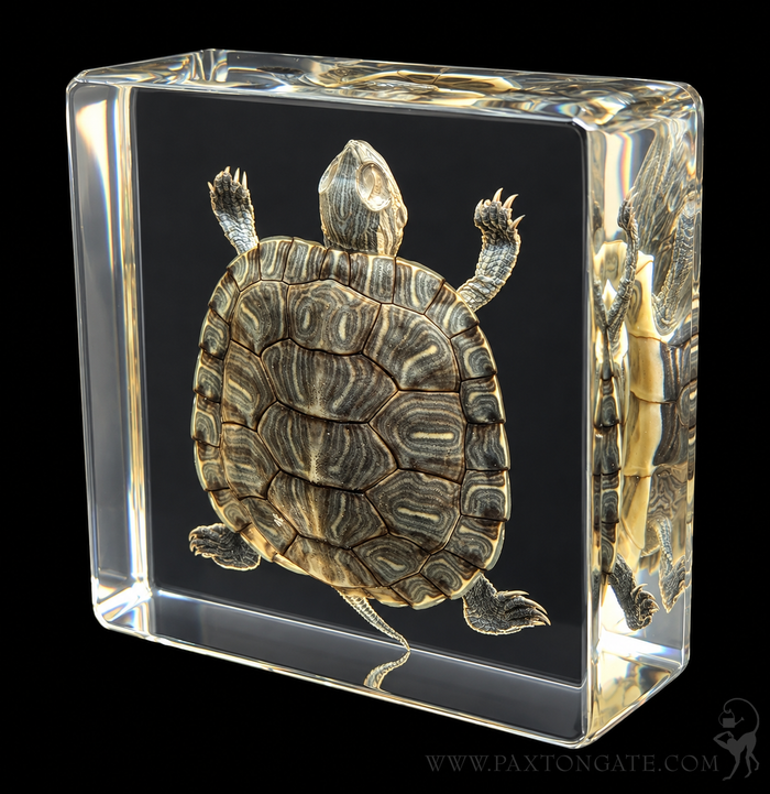 A clear acrylic or glass block containing a detailed preserved turtle specimen, shown against a solid black background. The turtle is oriented facing forward with its head raised, and its shell pattern is highly visible through the transparent block.
