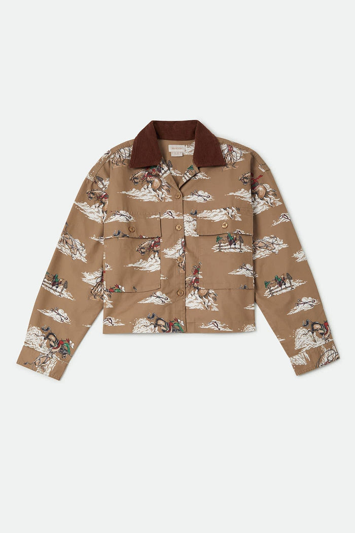 Women's Utopia Overshirt in the color Mid Century Cowboy Print - Front Product Laydown Image