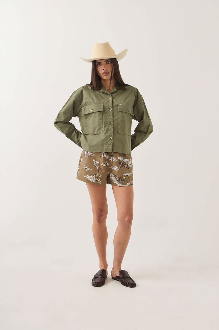 Women's Utopia Overshirt in the color Washed Olive Surplus - Women's Front Fit Image