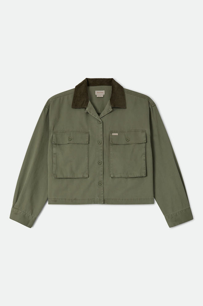 Women's Utopia Overshirt in the color Washed Olive Surplus - Front Product Laydown Image