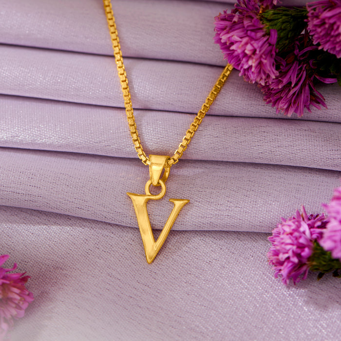 V Letter Yellow Gold Alphabet Unisex Pendant