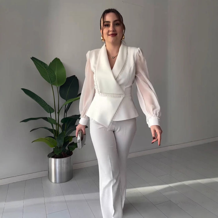 V-neck Stylish Temperament Long Sleeves Solid Color Suit Two-piece Set