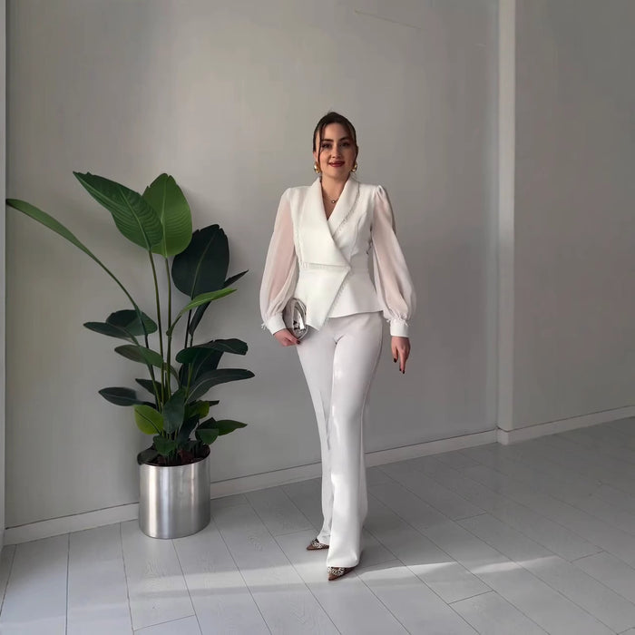 V-neck Stylish Temperament Long Sleeves Solid Color Suit Two-piece Set