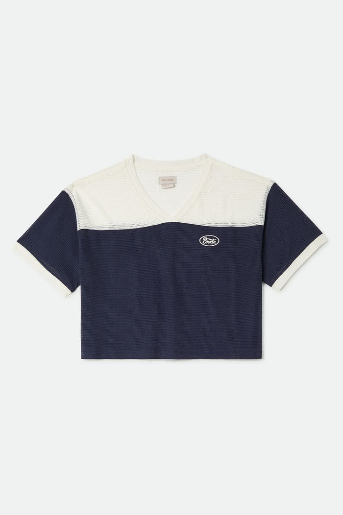 Women's Varsity Mesh T-Shirt in the color Off White/Washed Navy - Front Product Laydown Image