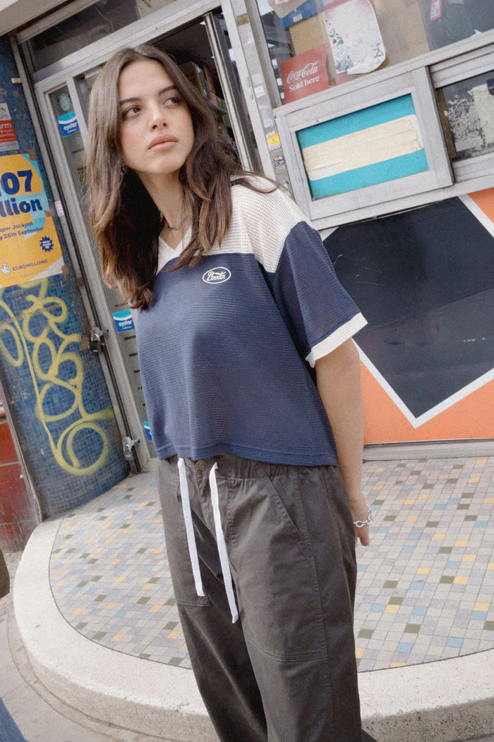 Women's Varsity Mesh T-Shirt in the color Off White/Washed Navy - Women's Lifestyle 3.0