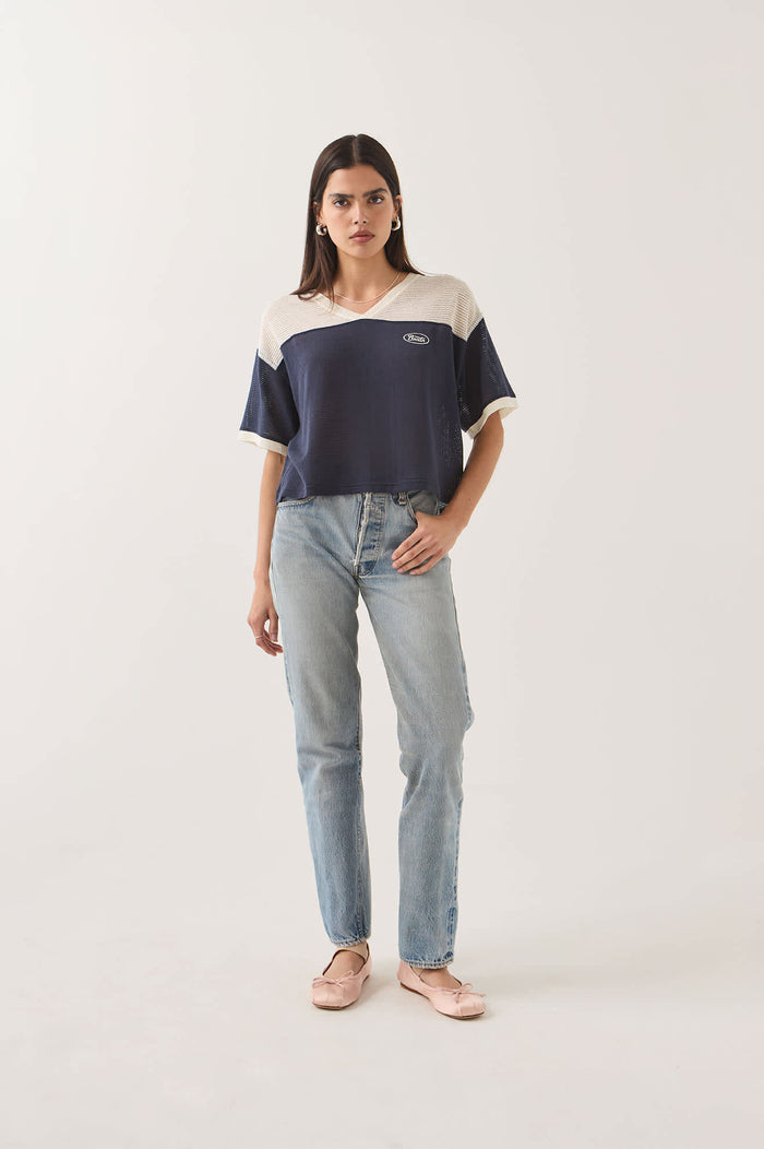 Women's Varsity Mesh T-Shirt in the color Off White/Washed Navy - Women's Front Fit Image