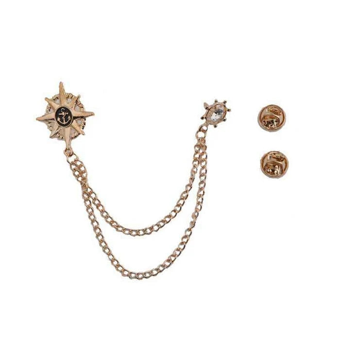 Vintage Nautical Brooch Pin with Double Chain | Anchor & Compass Lapel Pin for Suits, Cardigans, and Collars | Men's & Women's Fashion Jewelry (DNV-3484)