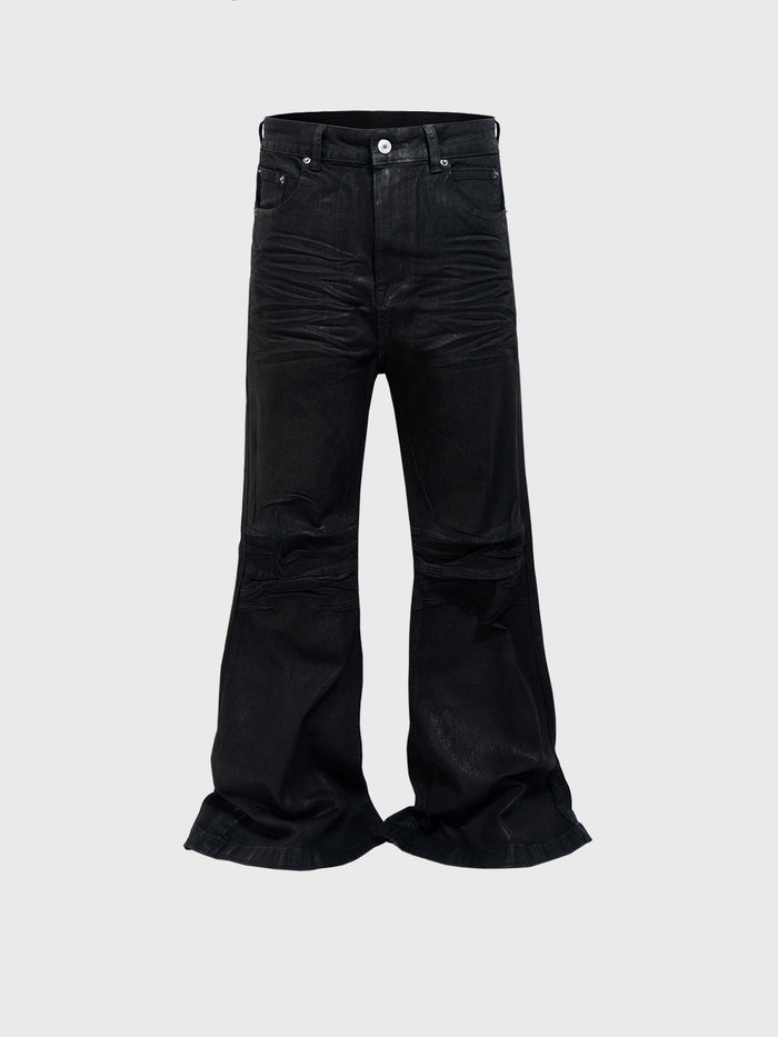 Vinyl Coated Wide Leg Trousers Crease Texture Jeans