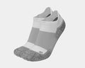 OS1st Wellness Performance No Show Socks in white and gray with cushioned toe and heel, front angled view.