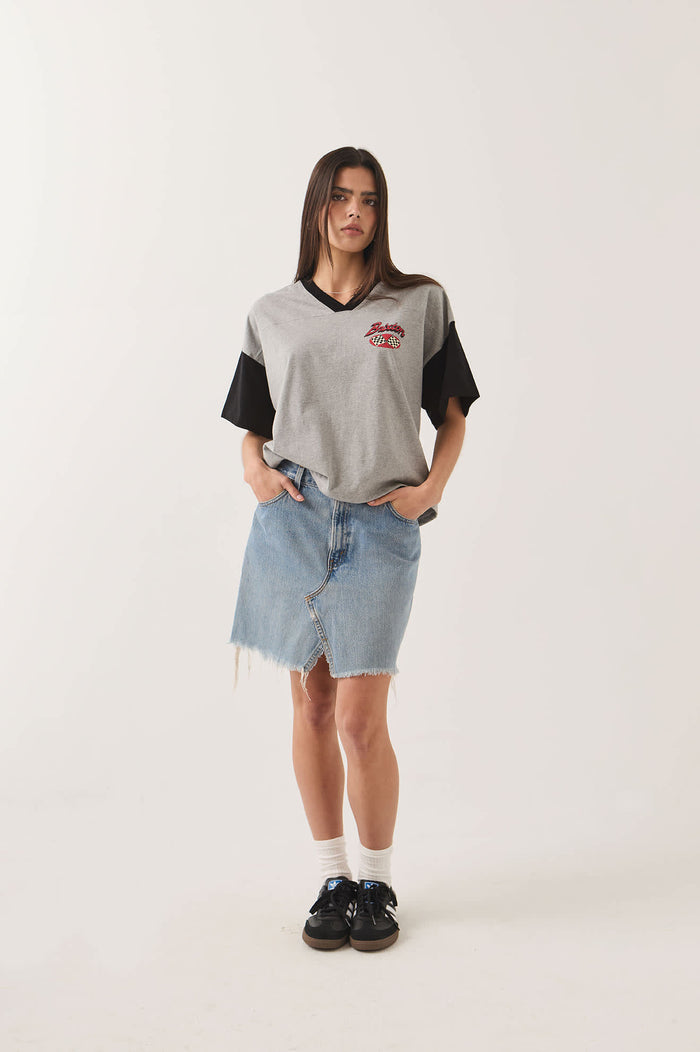 Women's Winners Circle Boxy Football T-Shirt in the color Heather Grey/Black - Women's Front Fit Image