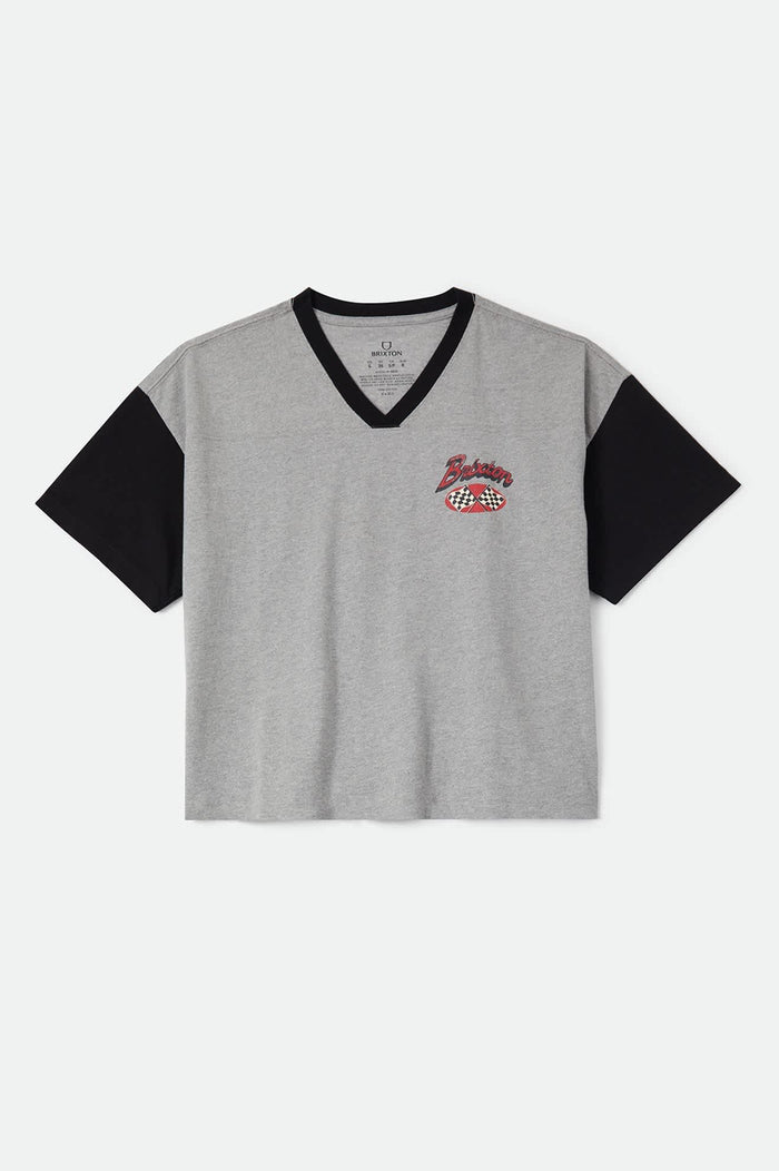 Women's Winners Circle Boxy Football T-Shirt in the color Heather Grey/Black - Front Product Laydown Image