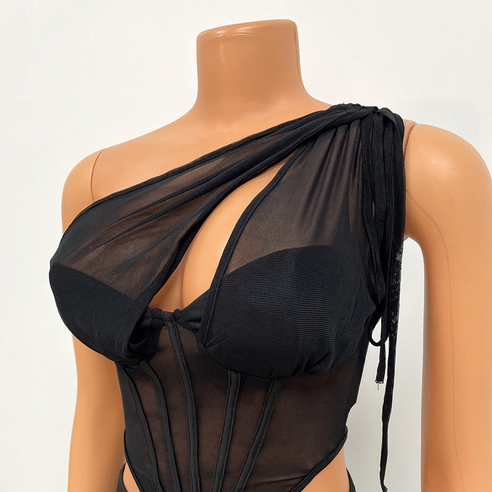 Women's Fashion Sexy Mesh See-through Irregular Top Two-piece Suit