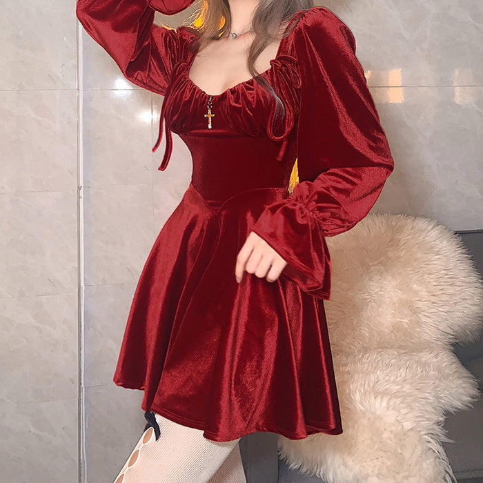 Women's New Fashion Sexy Retro Square Neck Long Sleeve Waist Slim Dress