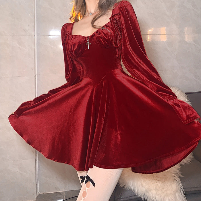 Women's New Fashion Sexy Retro Square Neck Long Sleeve Waist Slim Dress