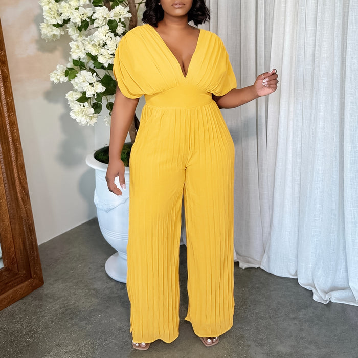 Women's V-neck Solid Color Pleated Jumpsuit