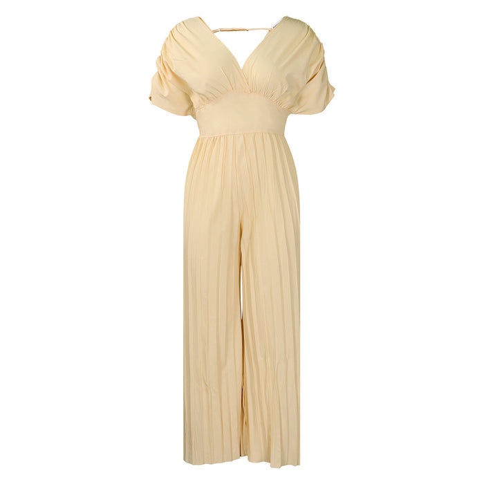 Women's V-neck Solid Color Pleated Jumpsuit