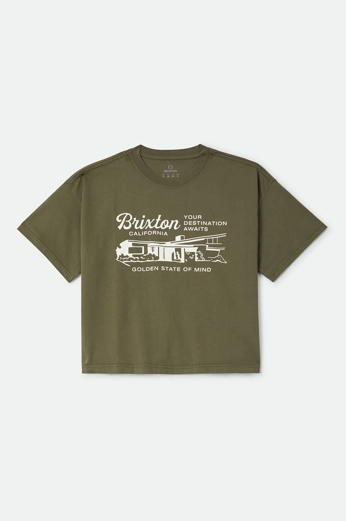 Women's Your Destination Awaits Boxy Crop Top in the color Dark Olive - Front Product Laydown Image